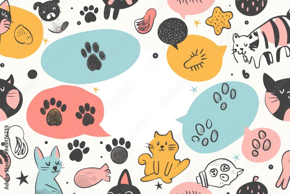 A playful scene featuring cats and dogs with thought clouds, great for illustrating humorous articles or social media posts A playful scene featuring cats and dogs with thought clouds, great for illustrating humorous articles or social media posts