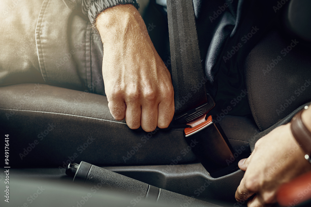 Obraz premium Person, hands and fasten seatbelt in car for safety or protection on accident with drive, travel and journey. Driver, closeup and vehicle or transportation for roadtrip with security for danger