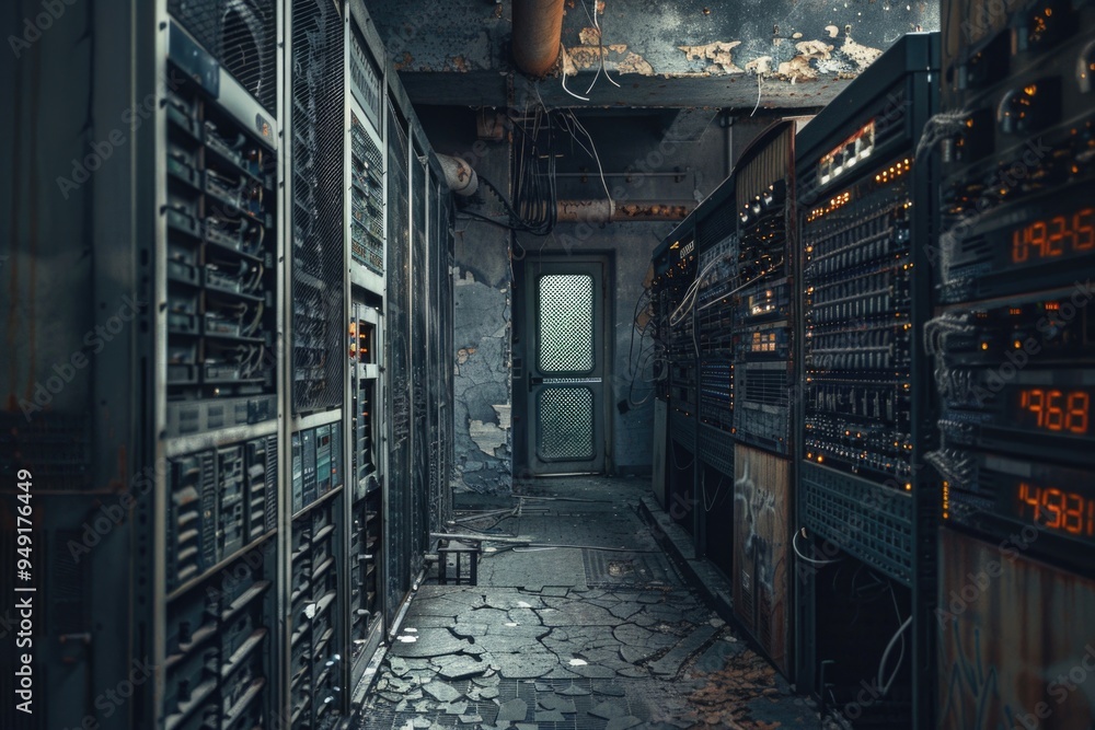 A dimly lit room filled with tangled wires A dimly lit room filled with tangled wires