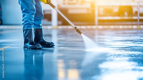 Worker in protective gear using a high-pressure washer to clean a city street's stone pavement, water forcefully blasting away dirt