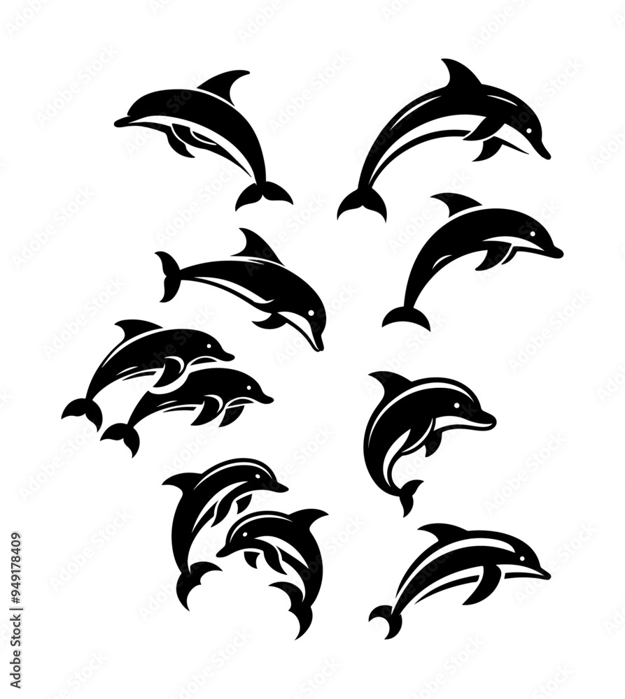 Set of Dolphin Silhouettes, aquatic sea mammal Set of Dolphin Silhouettes, aquatic sea mammal