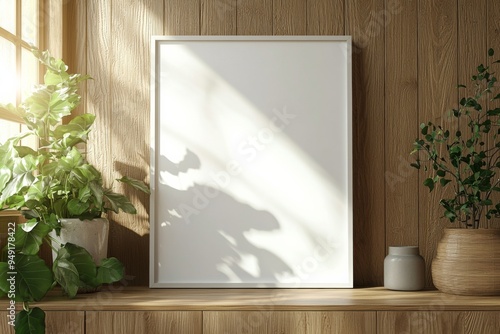 Poster Frame Mockup on Wooden Interior Background created with Generative AI