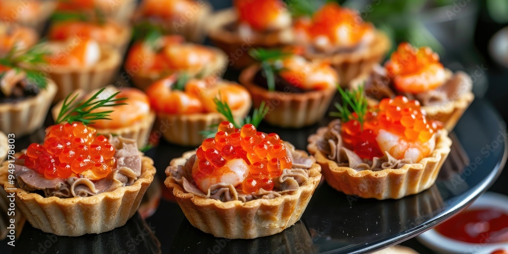 Tartlets with liver pate red caviar shrimp and fish Classic buffet appetizers from the original menu Tartlets with liver pate red caviar shrimp and fish Classic buffet appetizers from the original menu