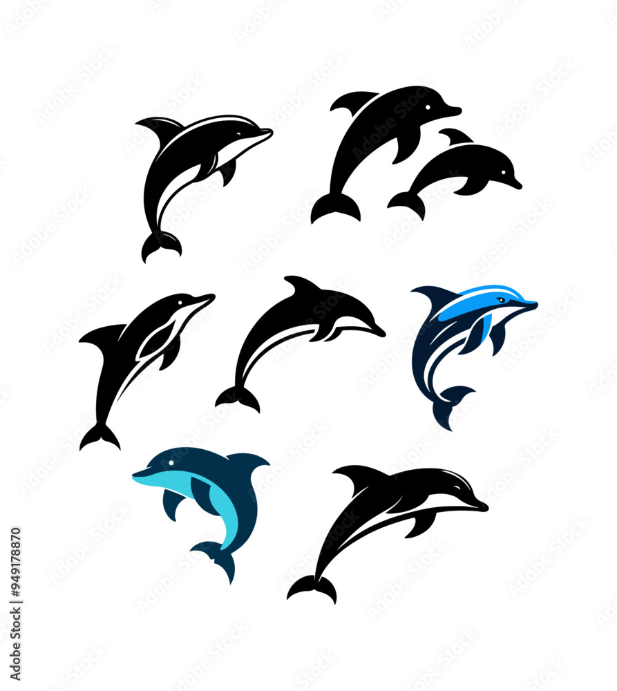 Set of Dolphin Silhouettes, aquatic sea mammal Set of Dolphin Silhouettes, aquatic sea mammal