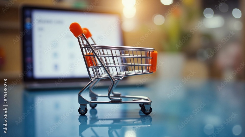 Online Shopping Cart With Laptop Display, Close-up image of a small orange shopping cart resting on a blue surface next to an open laptop computer displaying a shopping website or list. Online Shopping Cart With Laptop Display, Close-up image of a small orange shopping cart resting on a blue surface next to an open laptop computer displaying a shopping website or list.