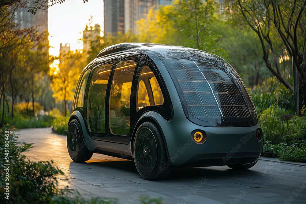 Fototapeta premium A solar-powered electric vehicle cruising through a scenic, sustainable urban environment.