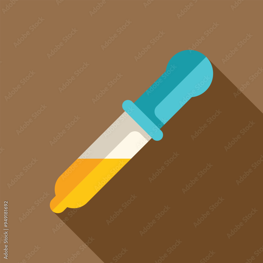Chemical dropper with yellow liquid is lying diagonally, casting a long shadow on a brown background Chemical dropper with yellow liquid is lying diagonally, casting a long shadow on a brown background