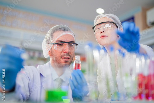 scientists perform experiments and record data. people arranges equipment with test tubes and chemicals for producing medicine and biochemistry. man hold tubes of chemical liquids and plant samples.