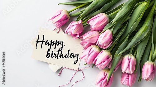 Pink Tulips Bouquet with Birthday Greeting