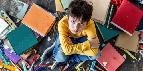 a child sitting on the floor, arms crossed and pouting, surrounded by scattered school supplies thrown down.