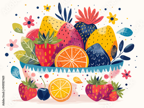 Strawberry and orange fruits in a basket. Vector illustration.