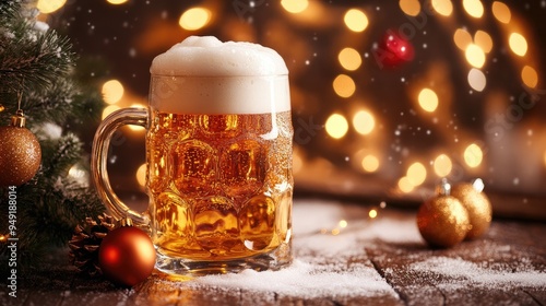 Beer stein overflowing with foam, set against a festive background.