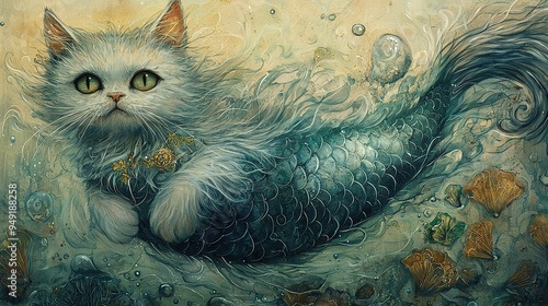 cat, dog, mermaid, feline, canine, mythical, pet, animal, creature, sea, ocean, fish, tail, paws, whiskers, fur, loyal, playful, aquatic, fantasy, legend, myth, underwater, scales, fins, bark, meow, s photo