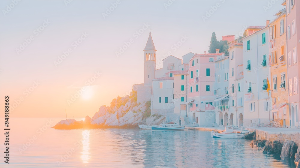 Fototapeta premium Picturesque coastal village with colorful facades, dramatic cliffs, and a setting sun