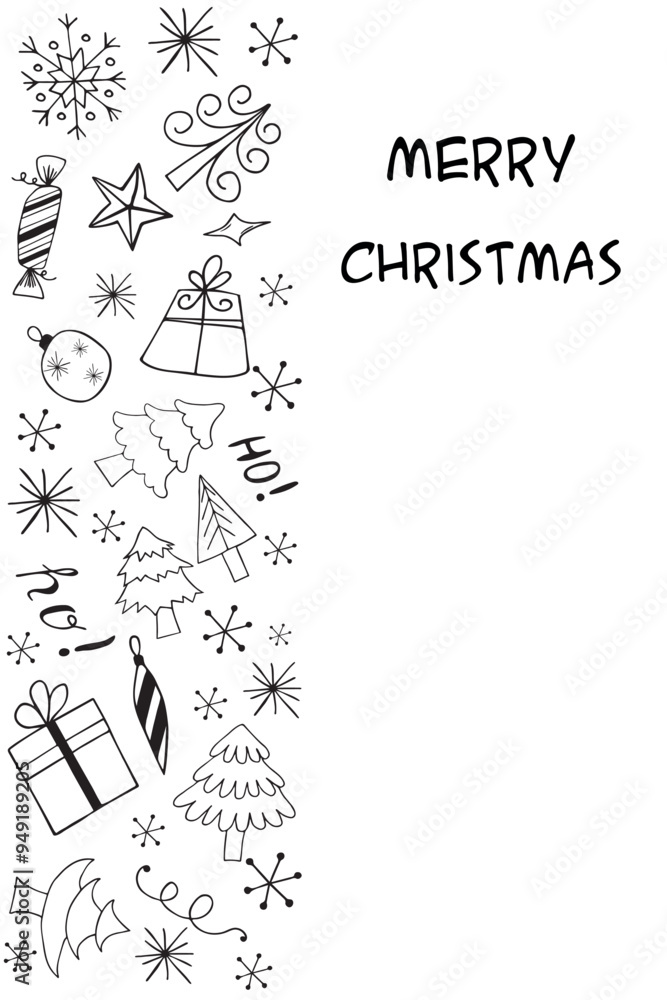 Merry Christmas card with tree, gifts, toys and snowflakes in Doodle style. Merry Christmas card with tree, gifts, toys and snowflakes in Doodle style.