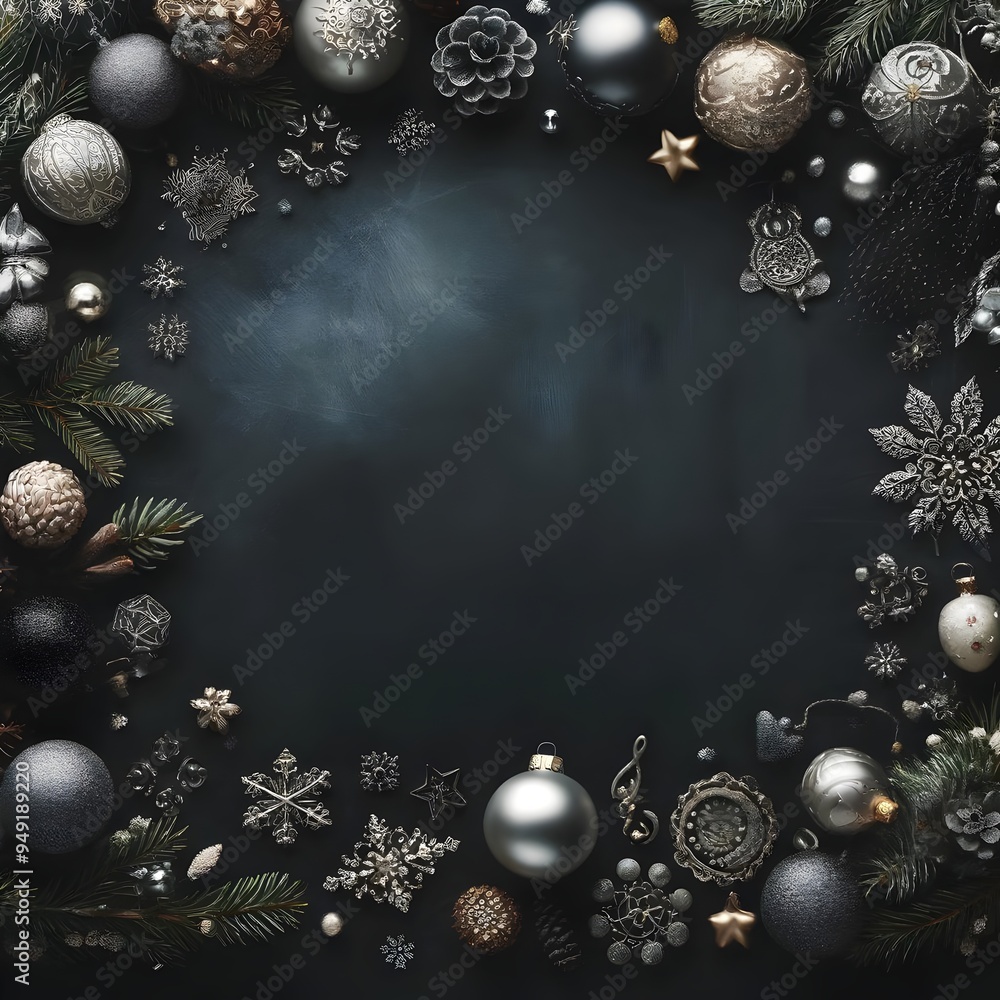 Elegant Christmas Flat Lay Background with Silver and Gold Ornaments, Snowflakes, and Pine Branches for Holiday Design, Greeting Cards, and Seasonal Decor Background Elegant Christmas Flat Lay Background with Silver and Gold Ornaments, Snowflakes, and Pine Branches for Holiday Design, Greeting Cards, and Seasonal Decor Background