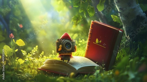 Wallpaper Mural A cartoon camera character with a fairy tale book, capturing magical scenes with a creative flair. Torontodigital.ca