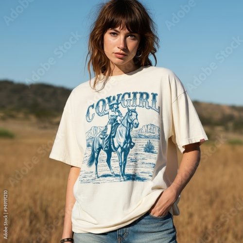 A woman wearing cow girl T