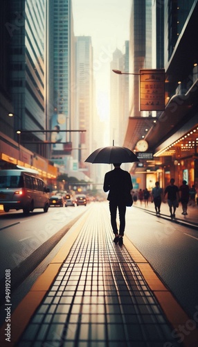 Urban Solitude: A Lone Figure’s Walk in the City Rain