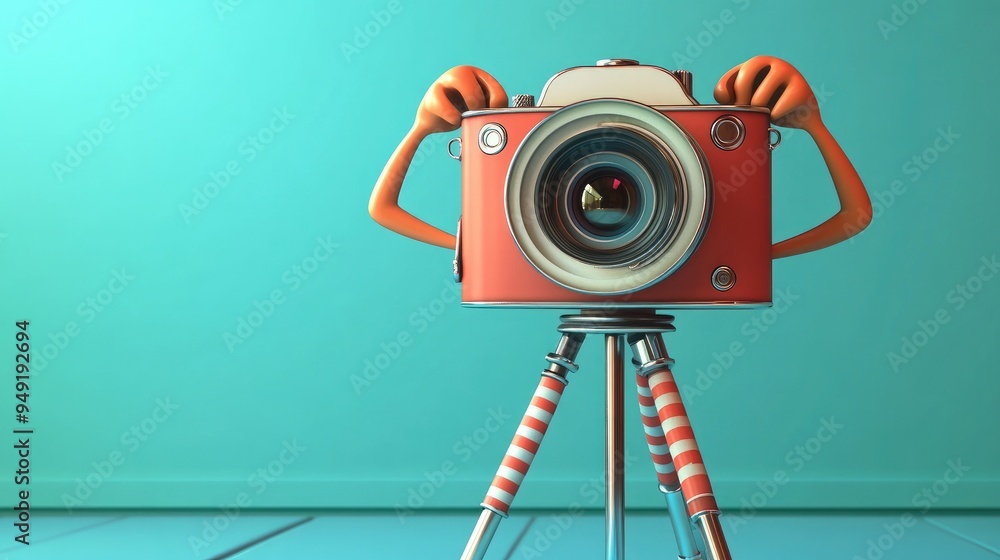 Fototapeta premium A playful cartoon camera on a tripod, with arms adjusting the lens and ready for action.