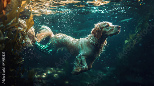 cat, dog, mermaid, feline, canine, mythical, pet, animal, creature, sea, ocean, fish, tail, paws, whiskers, fur, loyal, playful, aquatic, fantasy, legend, myth, underwater, scales, fins, bark, meow, s photo