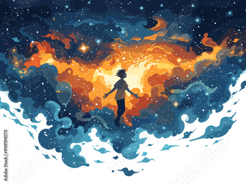 Vector illustration of a girl standing on the background of the night sky.
