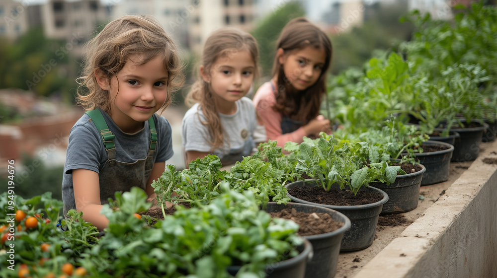 A school rooftop garden with children planting vegetables, representing environmental education and sustainable practices. A school rooftop garden with children planting vegetables, representing environmental education and sustainable practices.