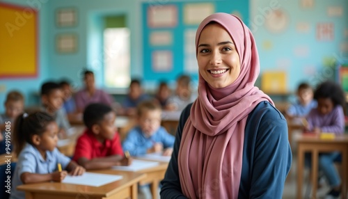 Happy middle eastern female teacher with students for World Teachers' Day photo