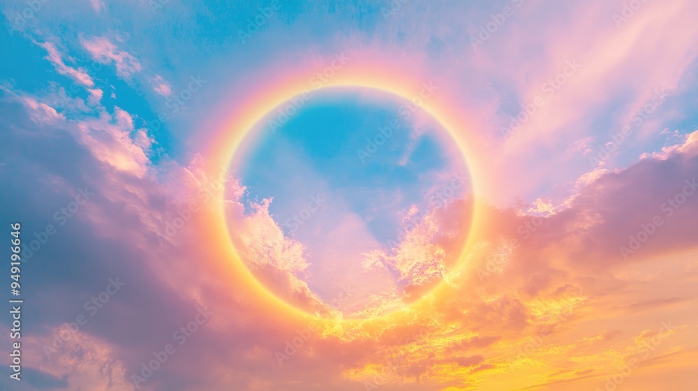A close-up of a circular rainbow, capturing its vibrant colors in the sky. A close-up of a circular rainbow, capturing its vibrant colors in the sky.