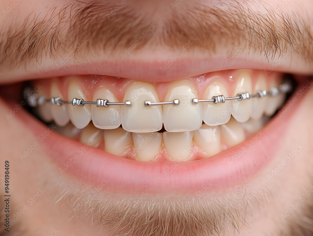 Obraz premium A close-up of a bearded smiling man showcasing metal braces on his teeth. Perfect for promotion etc.
