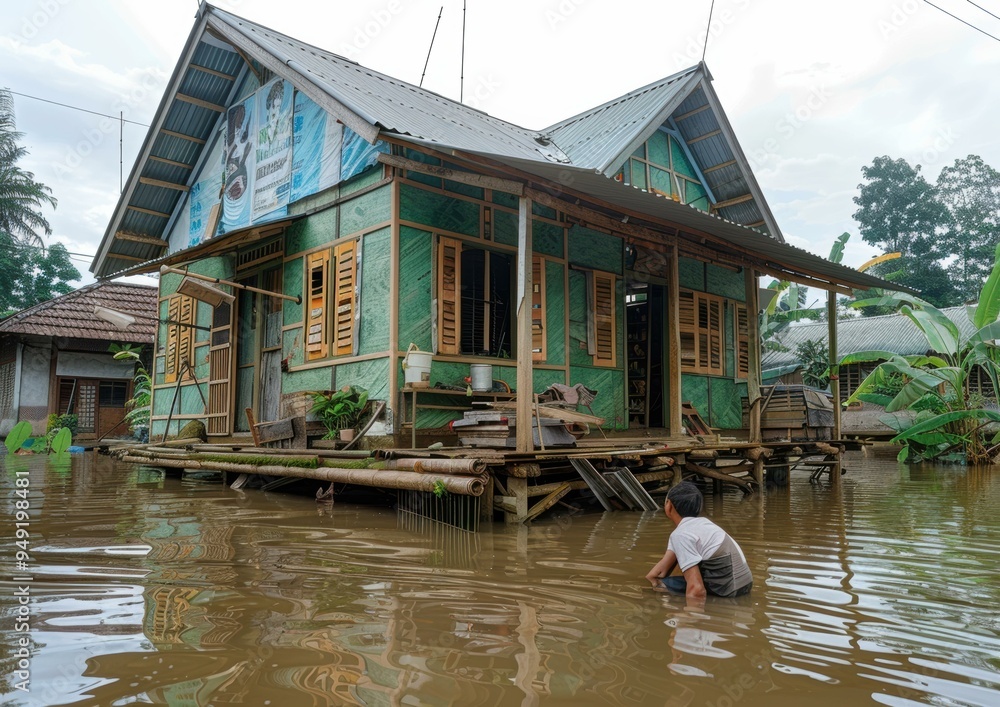 A house on stilts surrounded by flood water. AI. A house on stilts surrounded by flood water. AI.