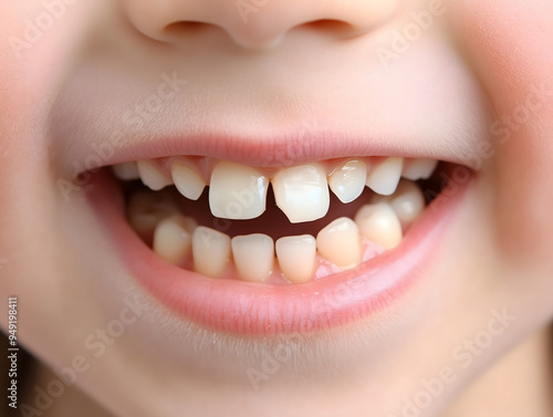 Close-up of a child smiling with baby teeth, showcasing a broken tooth.