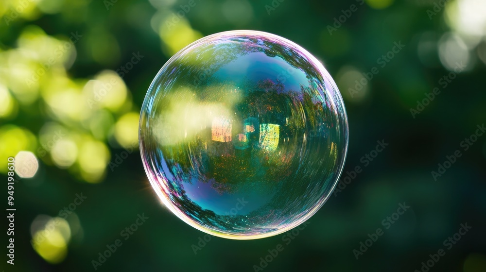 A round soap bubble floating gently in the air, reflecting light and colors. A round soap bubble floating gently in the air, reflecting light and colors.