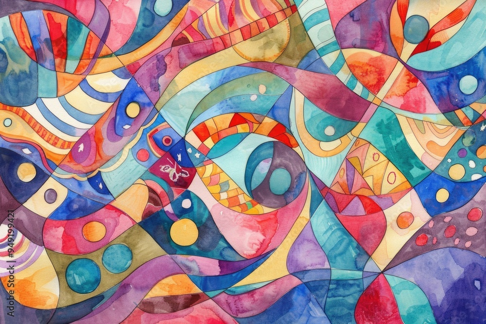 Fototapeta premium A vibrant and imaginative watercolor painting featuring an abstract design with swirling shapes and colors