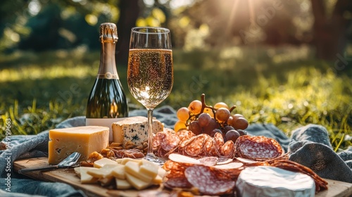 Product photography of a bottle and glass of sparkling wine,  photo