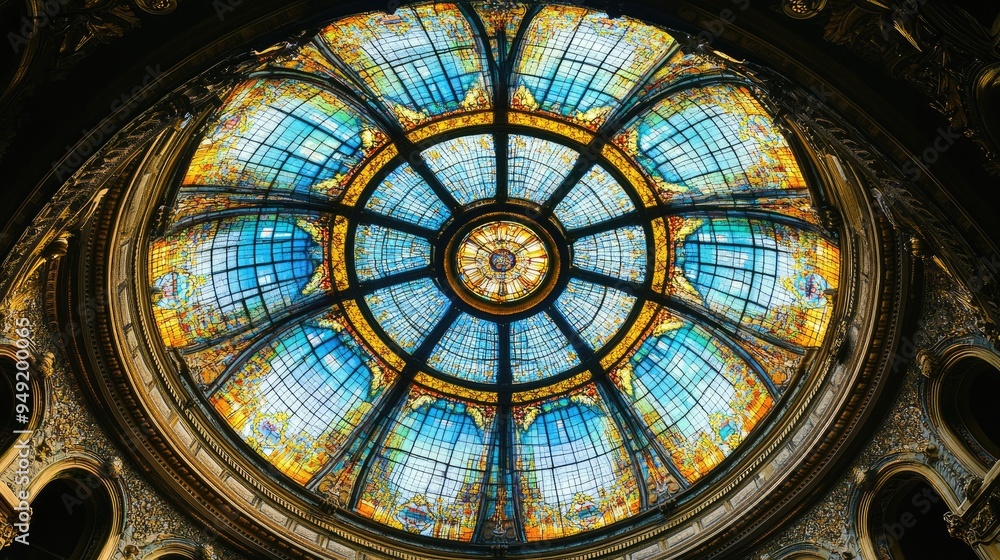 A symmetrical view of a circular stained glass ceiling in an ornate building. A symmetrical view of a circular stained glass ceiling in an ornate building.