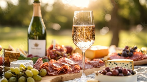 Product photography of a bottle and glass of sparkling wine,  photo