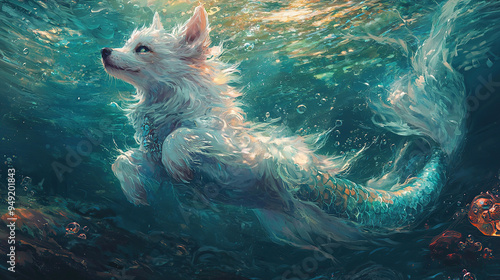 cat, dog, mermaid, feline, canine, mythical, pet, animal, creature, sea, ocean, fish, tail, paws, whiskers, fur, loyal, playful, aquatic, fantasy, legend, myth, underwater, scales, fins, bark, meow, s photo