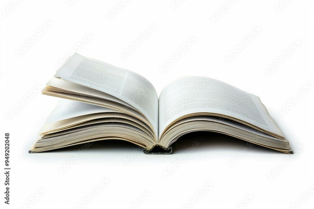 A single open book lying on a clean white surface, perfect for education or learning concepts A single open book lying on a clean white surface, perfect for education or learning concepts