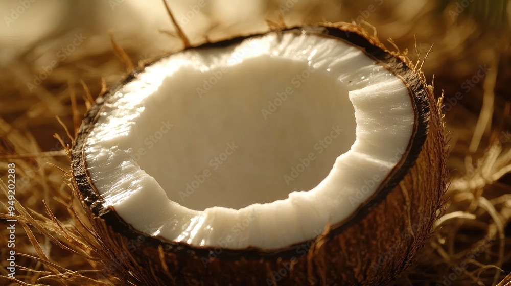 A close-up of a coconut half, showing the rich white flesh inside, ready to be eaten. - A close-up of a coconut half, showing the rich white flesh inside, ready to be eaten. -