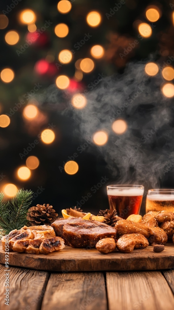 Delicious festive food platter with warm drinks, surrounded by sparkling lights, perfect for winter celebrations. Delicious festive food platter with warm drinks, surrounded by sparkling lights, perfect for winter celebrations.