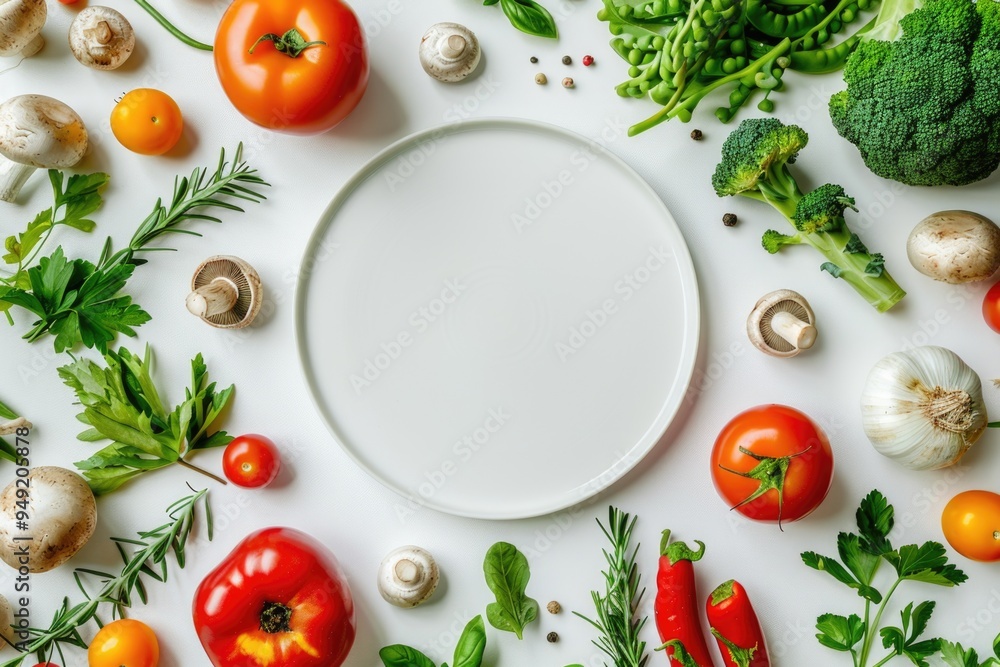 A simple yet healthy meal setup on a white plate, surrounded by various vegetables and herbs A simple yet healthy meal setup on a white plate, surrounded by various vegetables and herbs
