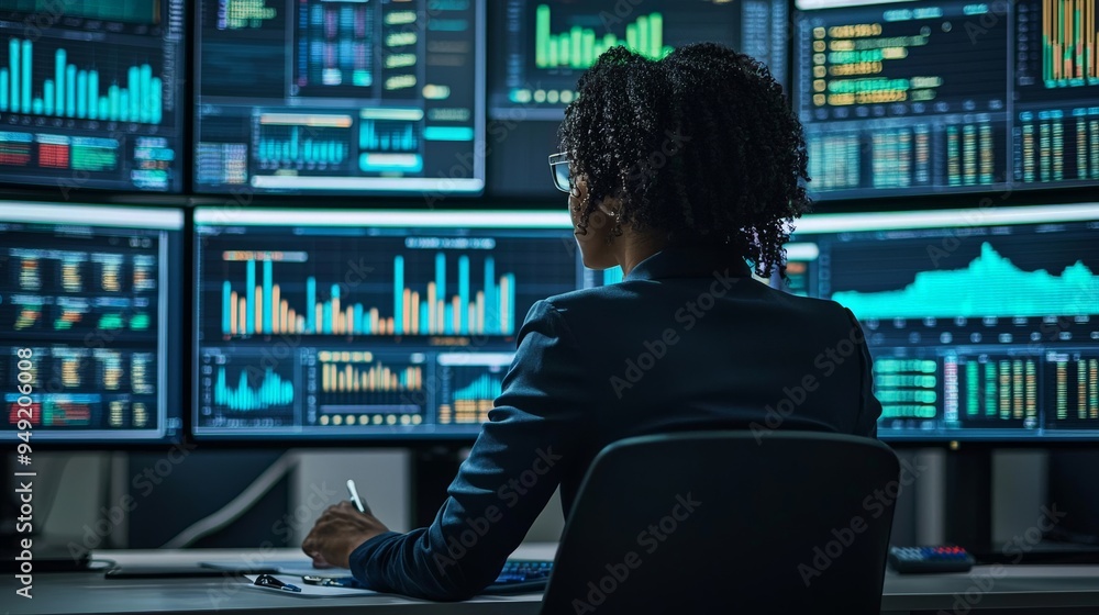 A data analyst working on complex datasets, multiple screens showing charts and graphs A data analyst working on complex datasets, multiple screens showing charts and graphs