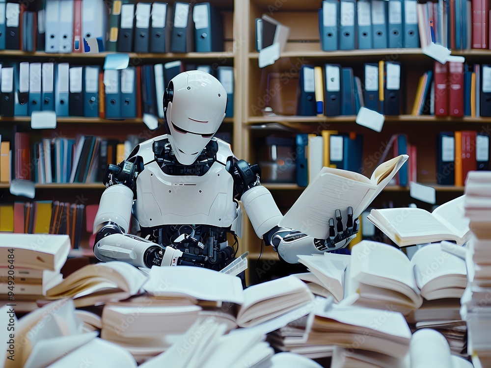 AI-Generated image of A robot is sitting in a library surrounded by books AI-Generated image of A robot is sitting in a library surrounded by books