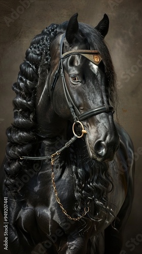 Majestic Black Horse Portrait with Braided Mane