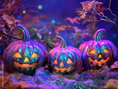 A Halloween fantasy with glitter-covered pumpkins, bursting in a rainbow of colors, sparkling under the eerie glow of a futuristic moonlit night photo