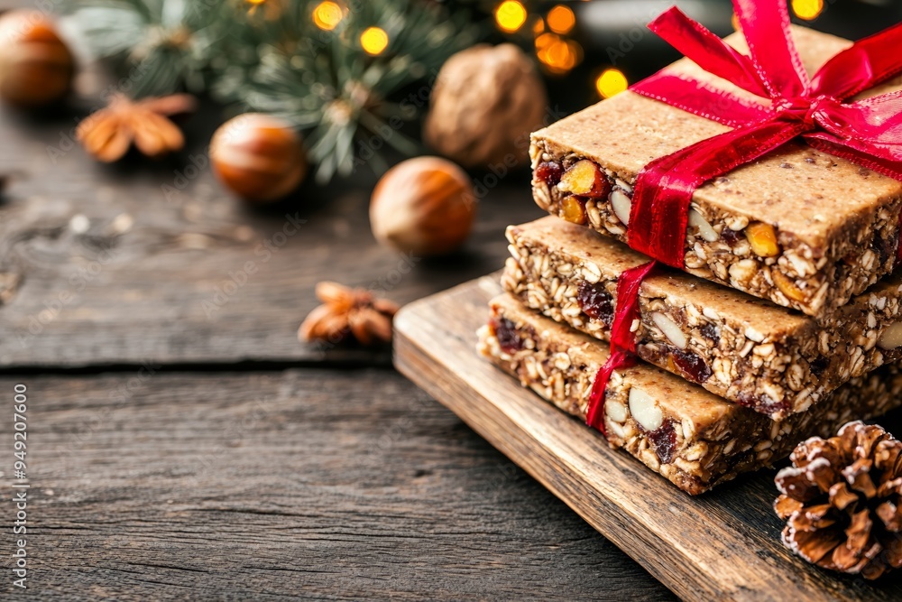 Delicious homemade energy bars wrapped as a gift, perfect for holiday celebrations with festive decorations and a rustic background. Delicious homemade energy bars wrapped as a gift, perfect for holiday celebrations with festive decorations and a rustic background.