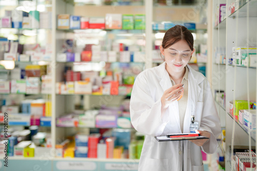 woman pharmacist checks and arranges medicines on pharmacy shelves, emphasizing precision and responsibility in healthcare services. The scene highlights the daily operations in a modern pharmacy. photo