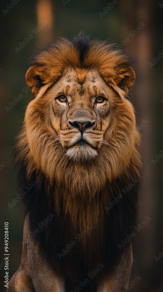 Fototapeta premium Majestic Lion Portrait: A regal lion stares intently, showcasing its powerful presence and majestic mane against a blurred forest background. This captivating image evokes strength, leadership, and wi