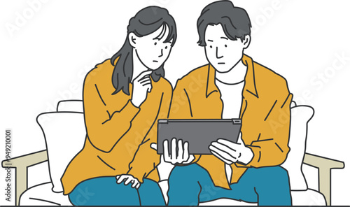 ソファーでタブレットを見ながら悩む夫婦のシンプルイラスト